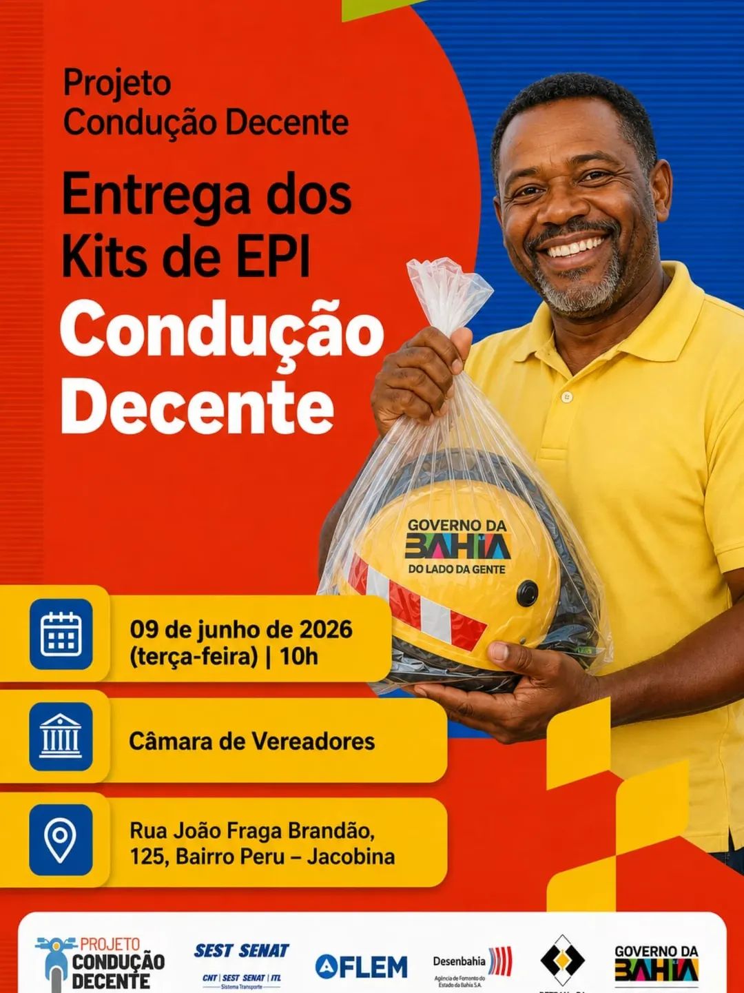 Projeto Condução Decente entrega kits de segurança para mototaxistas e motofretistas em Jacobina