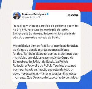 Governador Jerônimo Rodrigues decreta luto oficial de três dias por tragédia na BR-116